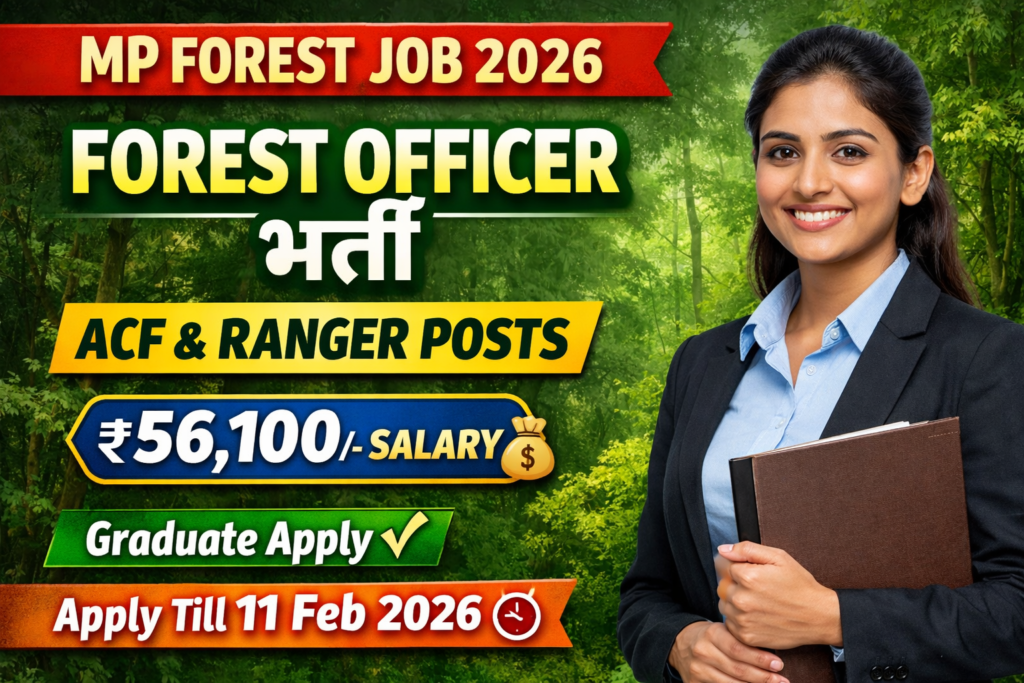MP State Forest Service Recruitment 2026 thumbnail showing Forest Officer ACF and Ranger posts with Rs. 56,100 salary, graduate eligibility, and apply last date 11 February 2026